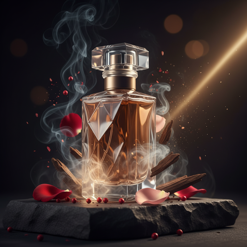 A dramatic close-up of an exquisitely designed perfume bottle resting on dark, matte stone, with swirling aromatic elements around it: translucent wisps of vapor, scattered pink peppercorns, velvety rose petals, and shards of smoked wood. A subtle golden hour beam cuts across from the right, illuminating the bottle’s facets and catching tiny particles in the air, while leaving parts of the background in deep shadow. The composition uses a low angle and tight framing, focusing on textures and contrasts, with strong bokeh behind. The style is photographic and cinematic, creating a sense of mystery, power, and high performance, echoing themes of leadership and bold positioning in the beauty industry.