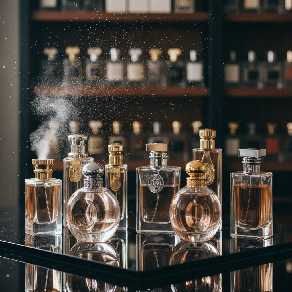 A collection of luxurious perfume bottles arranged on a reflective black glass surface, each flacon with distinct sculpted shapes, thick transparent glass and subtle metallic accents in gold and platinum. Fine droplets of fragrance gently hang in the air above them, catching the light. Behind, an out-of-focus background suggests tall, dark shelves lined with more fragrances. Soft, directional studio lighting from the side creates clean highlights along the bottle edges and rich, deep shadows, evoking sophistication and exclusivity. Photographed at eye level with a shallow depth of field, the composition feels cinematic and elegant, perfectly suited to a high-end perfumery and beauty leadership brand.