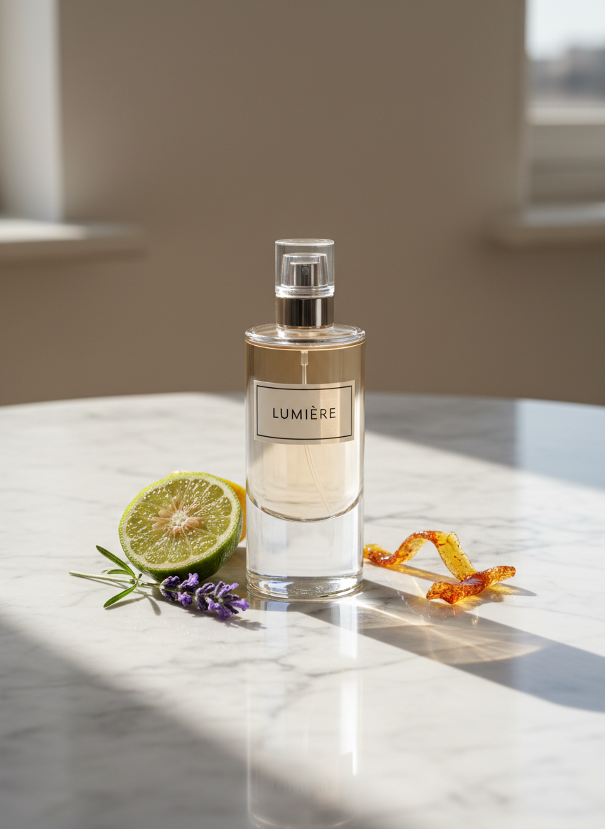 A single refined perfume bottle with a heavy crystal base and minimalist label, centered on a smooth, pale marble tabletop. Around it, abstract representations of olfactory notes appear as real elements: a sliced bergamot with glistening pulp, a sprig of fresh lavender, and a curled strip of amber-colored resin, all carefully spaced. Soft morning light enters from the left, creating delicate reflections through the glass and subtle shadows on the stone. The background is a blurred, neutral-toned interior, ensuring focus stays on the fragrance composition. Captured from a slightly elevated angle in photographic realism, the mood is calm, intellectual, and luxurious, ideal for explaining fragrance structures to aspiring beauty entrepreneurs.