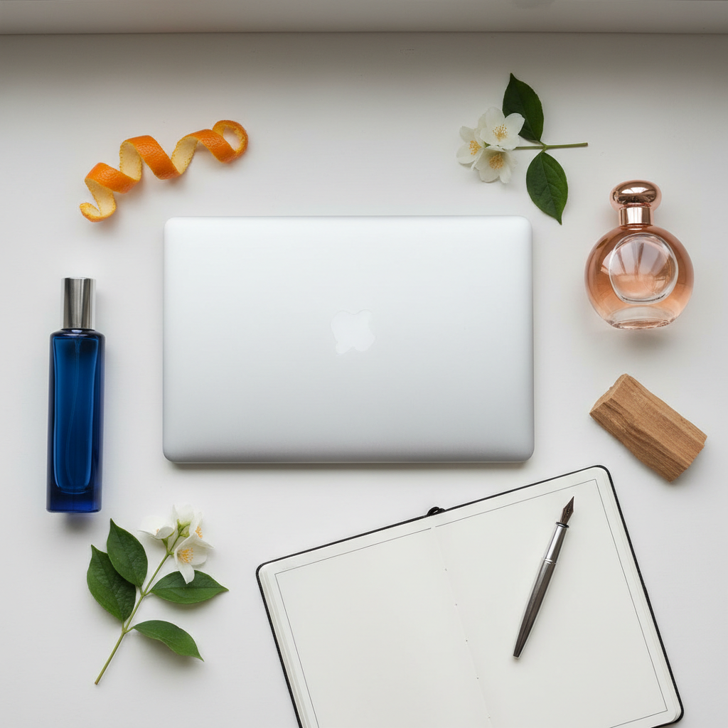 A refined flat lay illustrating content creation for a high-end perfumery blog: a slim laptop closed beside an open, cream-colored planner with clean, empty pages, a fountain pen, and two distinctive perfume bottles—one deep cobalt, one soft rose-gold—placed as visual anchors. Around them, a few natural elements suggest fragrance stories: a twist of citrus peel, a sprig of jasmine, and a piece of polished sandalwood. Soft, overcast window light from the top of the frame produces gentle, shadowless illumination and slight reflections along the glass surfaces. Photographed from directly overhead with balanced composition and photographic realism, the atmosphere is thoughtful, sophisticated, and calm, conveying strategy, storytelling, and leadership in the beauty market through objects alone.