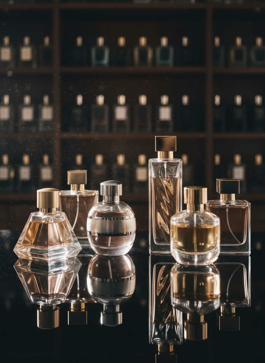 A collection of luxurious perfume bottles arranged on a reflective black glass surface, each flacon with distinct sculpted shapes, thick transparent glass and subtle metallic accents in gold and platinum. Fine droplets of fragrance gently hang in the air above them, catching the light. Behind, an out-of-focus background suggests tall, dark shelves lined with more fragrances. Soft, directional studio lighting from the side creates clean highlights along the bottle edges and rich, deep shadows, evoking sophistication and exclusivity. Photographed at eye level with a shallow depth of field, the composition feels cinematic and elegant, perfectly suited to a high-end perfumery and beauty leadership brand.