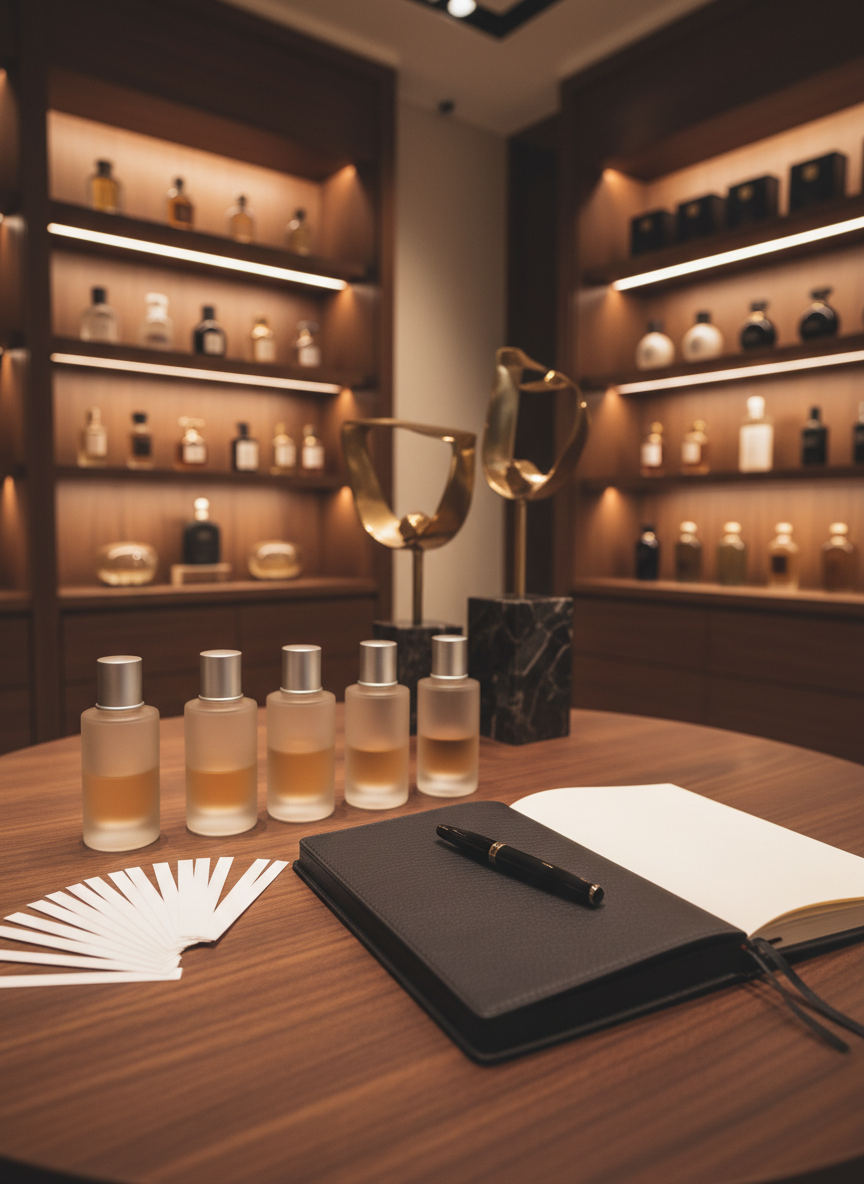 A sophisticated consultation table in a boutique perfumery setting, featuring neatly aligned scent strips fanned out beside several medium-sized, identical tester bottles with frosted glass and discreet metallic caps. A dark, textured notebook lies open with a fine pen resting across it, suggesting structured planning without visible writing. In the background, blurred shelves hold more refined fragrance bottles and a few sculptural abstract objects that hint at professionalism and expertise. Warm, indirect lighting from above creates a welcoming glow and soft shadows, enhancing the richness of the materials. Photographed at eye level with a shallow depth of field and photographic realism, the mood is intimate, advisory, and aspirational, ideal for conveying opportunities for consultants.