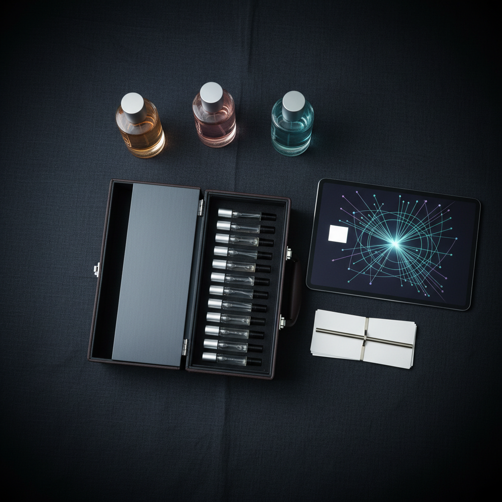 An organized display that represents a perfume consultant’s professional kit, laid out on a charcoal fabric surface: a sleek, structured case slightly open revealing rows of small, uniform fragrance vials, a digital tablet with an abstract, text-free chart on screen, and a set of elegant, blank scent cards held together by a minimalist metal clip. A few full-sized perfume bottles stand at the edge, their clear glass and muted colors signaling refined taste. Cool, diffused studio lighting from above ensures every object is clearly visible, while a slight vignette keeps attention centered. Shot from directly overhead in photographic realism, the mood is strategic, polished, and empowering, illustrating the tools of modern beauty entrepreneurship without depicting any people.