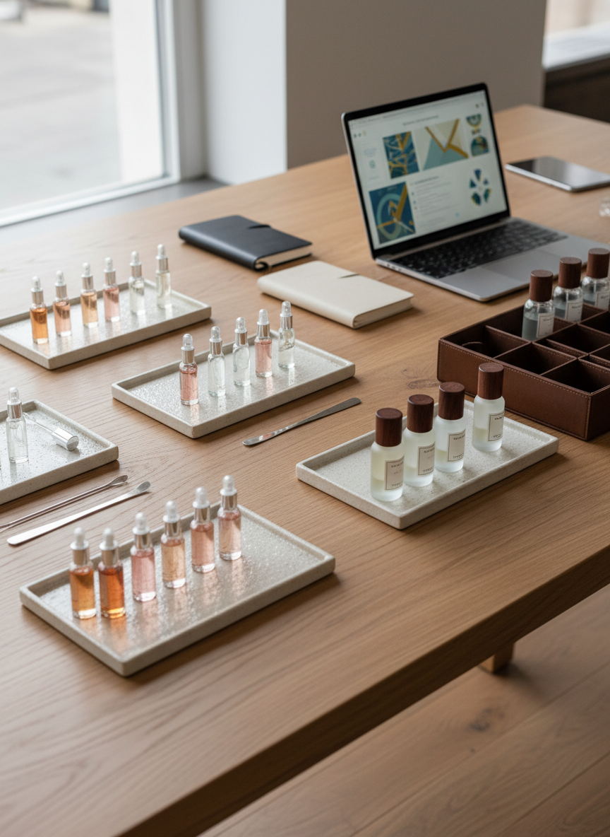 An elegant, minimalist workspace dedicated to perfumery and beauty entrepreneurship, with a long wooden desk topped by organized trays of varied perfume vials, glass droppers, and sleek, closed notebooks. A slim laptop displays an abstract, text-free dashboard, while beside it, a structured leather organizer holds sample-sized fragrance bottles ready for consultation. Diffused natural light from a large unseen window bathes the scene, producing gentle reflections on the glass and a serene, focused atmosphere. Shot from a three-quarter overhead angle with moderate depth of field, the composition emphasizes structure and order. The photographic style is clean and modern, symbolizing strategy, leadership, and professional development in the beauty market without showing any human figures.